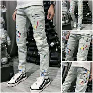 Quần Jean Nam Amiri Xanh Nhạt Vây Sơn Vá Da Trắng Bản Mới 2024