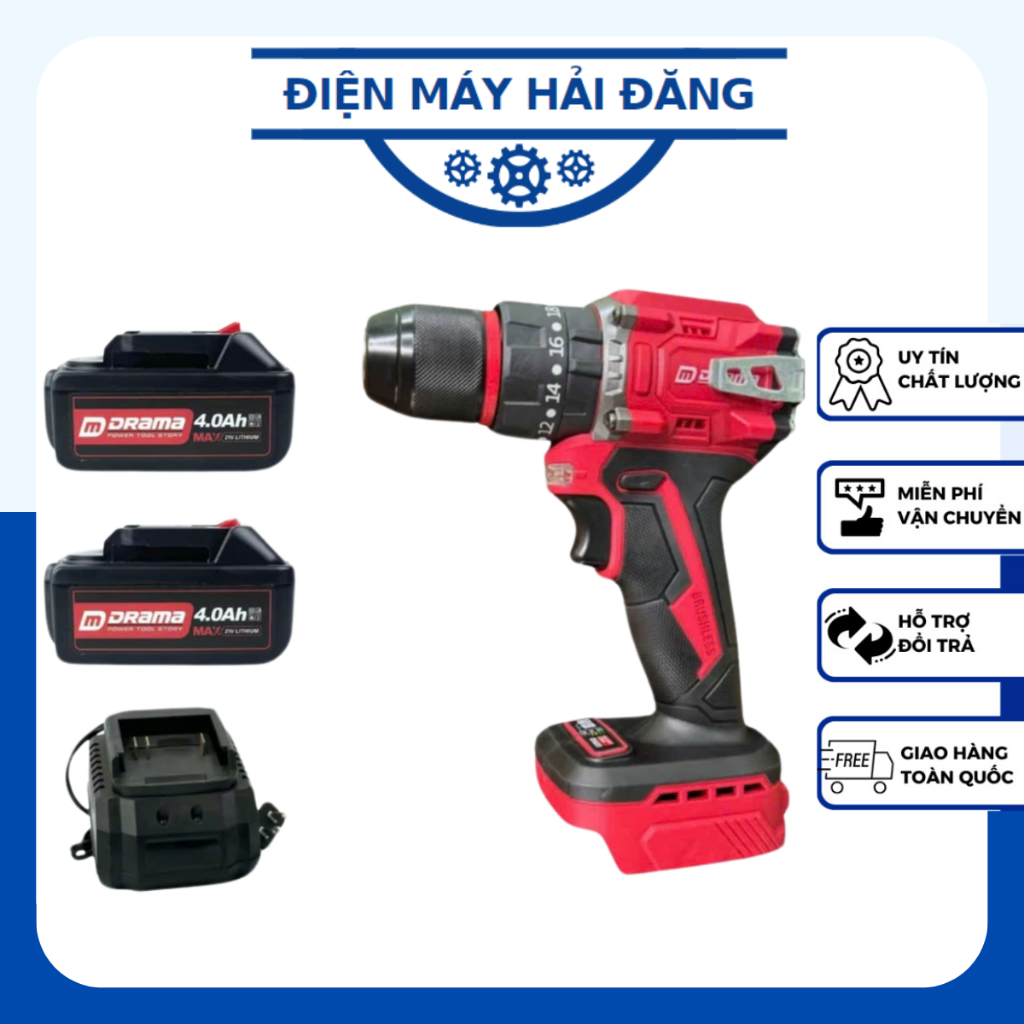 Máy Khoan Pin Drama 5521B Động Cơ Không Chổi Than Đầu 13mm Autolock Có Khóa Trục Sử Dụng Chân Pin Ph