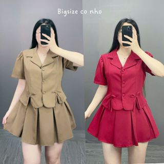 Set đồ tiểu thư bigsize nữ áo sơ mi cổ vet tay bồng croptop kèm chân váy xếp ly dáng chữ A xòe chất vải cotton- SET72 