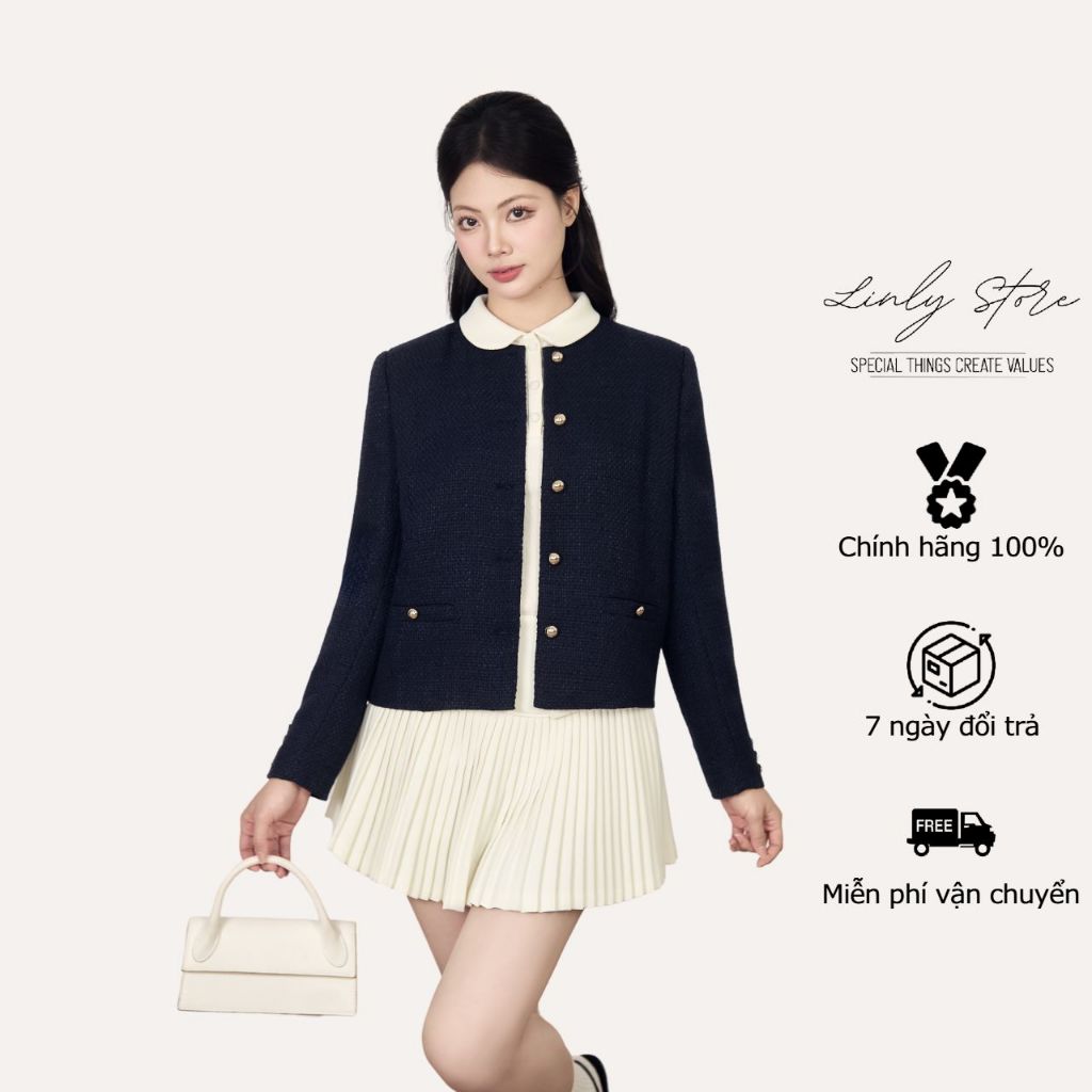 Áo khoác dạ tweed dáng lửng, áo dạ tweed nữ thiết kế cổ tròn màu xanh than Linly Store A-VEST32