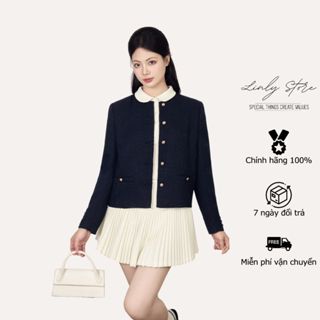 Áo khoác dạ tweed dáng lửng, áo dạ tweed nữ thiết kế cổ tròn màu xanh than Linly Store A-VEST32