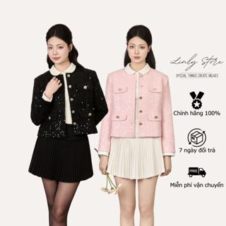 Set áo vest kiểu nữ chất dạ tweed kim sa đen chân váy xếp ly Linly Store 