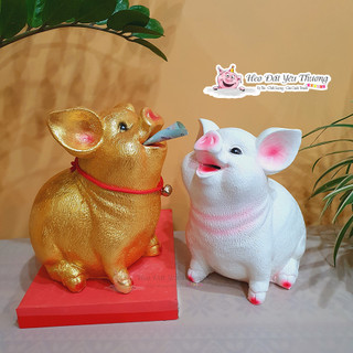 Lợn ngậm tiền 3D thạch cao cao 22cm quà tặng chuông vàng may mắn ống tiết kiệm khe nhét bằng miệng