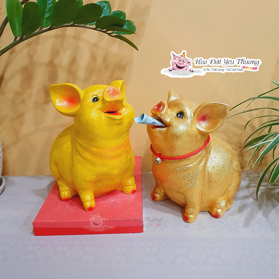 Lợn ngậm tiền 3D thạch cao cao 22cm quà tặng chuông vàng may mắn ống tiết kiệm khe nhét bằng miệng