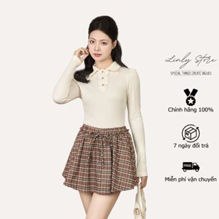  Set áo len nữ cổ sơ mi dài tay mix chân váy dạ ngắn kẻ caro xếp ly Linly Store 