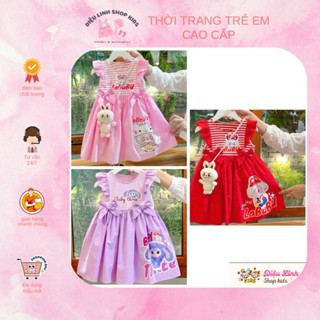 Váy bé gái kẻ cotton bèo nơ in hình baby three DL53 size 8/36kg - Váy Cho Bé Diệu Linh Shop Kids diện đi học đi chơiKids