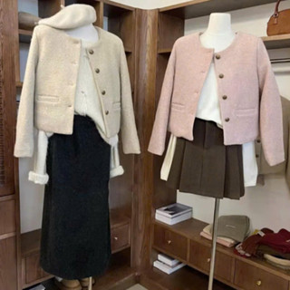  Áo dạ nữ A.695 Áo dạ lông xù lửng trơn cổ tròn tay dài chất lông xù dày dặn phối 2 túi viền basic - Shop Chấm Bi 