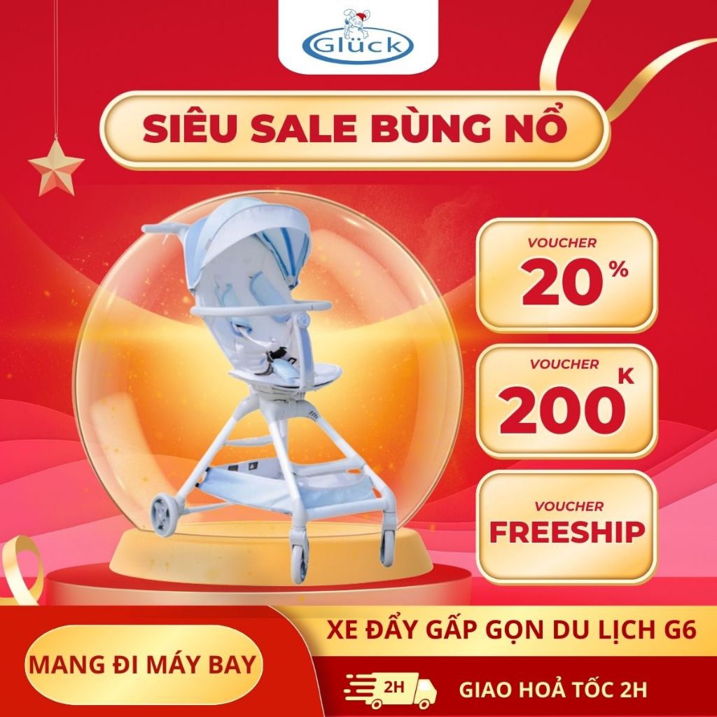 Xe Đẩy 2 Chiều Cho Bé, Gấp Gọn Gluck, Xe Đẩy Chống Sốc, Xoay 360*, Tương Tác Với Bé,  Mã G6 GLUCK