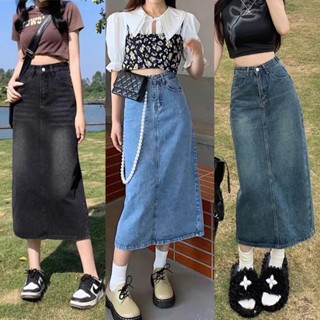 Chân Váy Jean Nữ Dáng Dài Cạp Cao Dáng Suông Bigsize 55-90KG Xẻ Tà Phía Sau Phom Chữ A Không Giãn