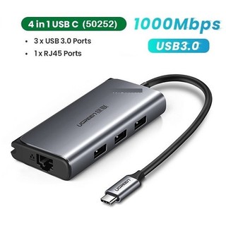 Hub usb-c to lan 100/1000mbps kèm hub 3 cổng usb 3.0 ugreen 50252 cao cấp