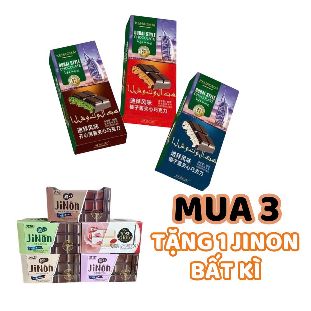 Socola Dubai Matcha Nguyên Chất Không Đường, Chocolate Dubai Cacao Đủ 3 Vị Hộp 60gr - Ăn Vặt 492