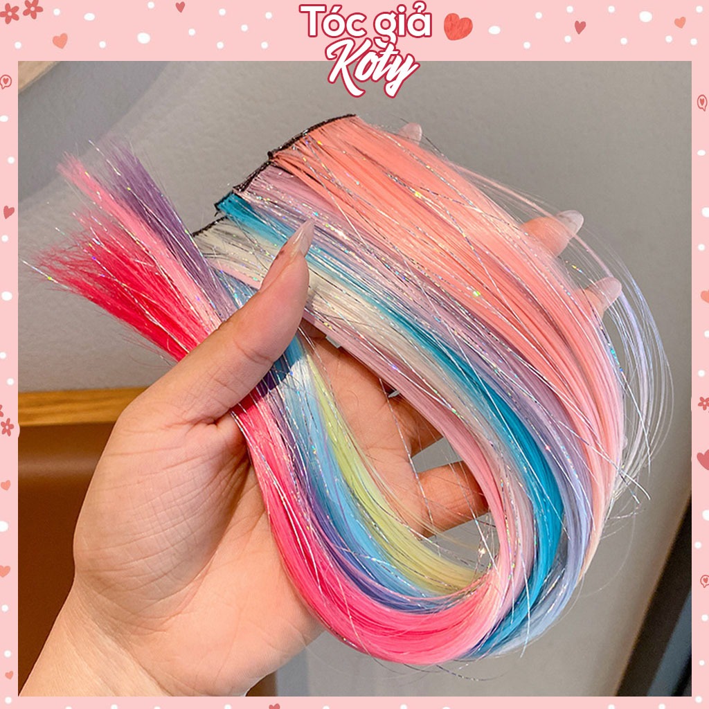 Tóc giả kẹp light ombre đính kim tuyến màu bạc, tóc kẹp phím phối kim tuyến trắng T681