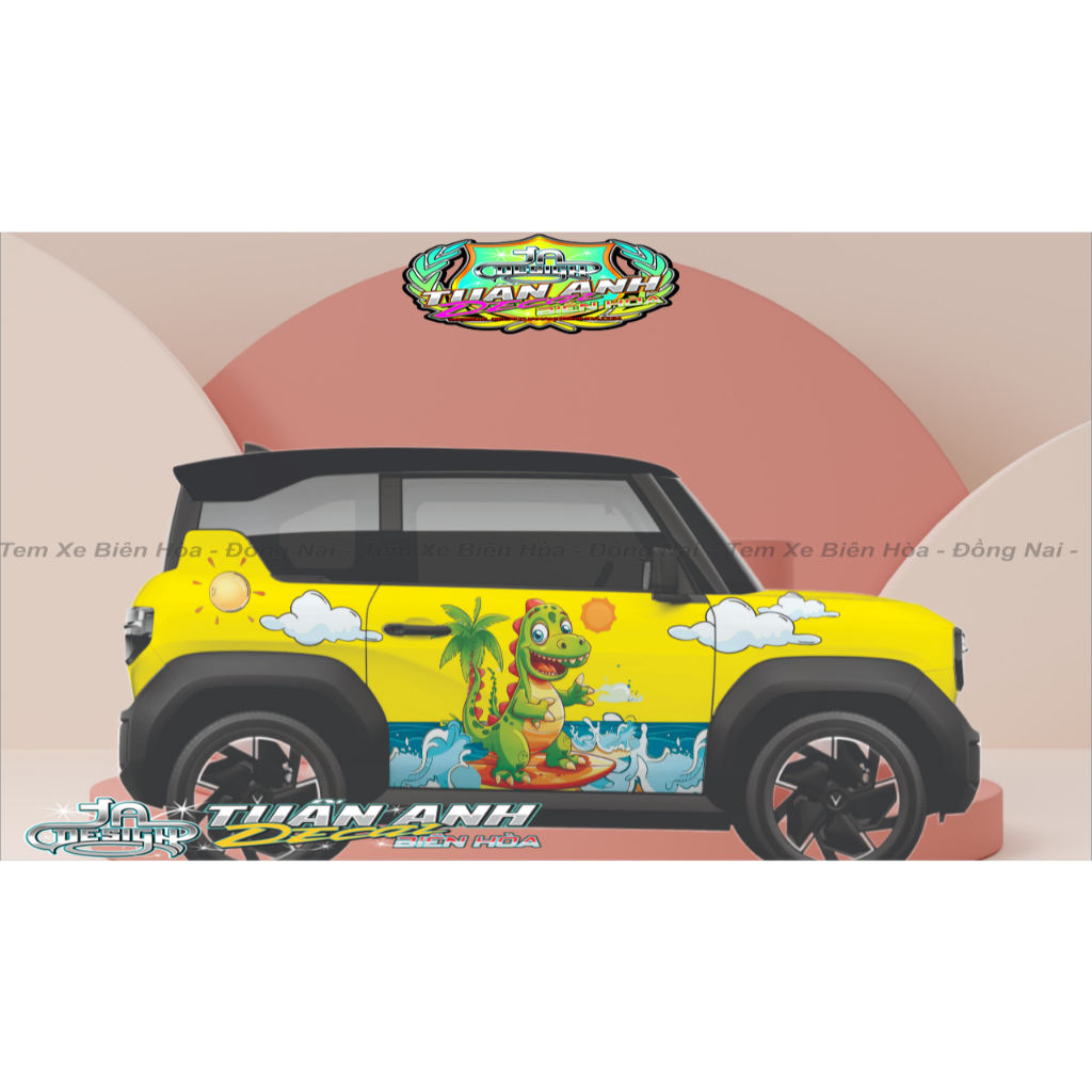 Tem Xe vinfat Vf3  cho xe Trắng xe Vàng. Xe Hồng nhạt - skiter khủng long tắm lướt ván nhãn dán deca
