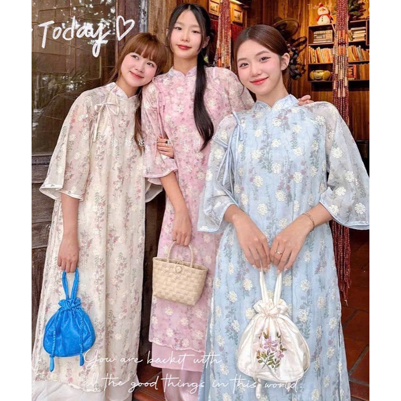   3 SIZE   CHỌN MÀU QUẦN  SET ÁO DÀI ALICE THÊU HOA NỔI HÀNG XỊN   MYKE BY MY TRÀ 100%   