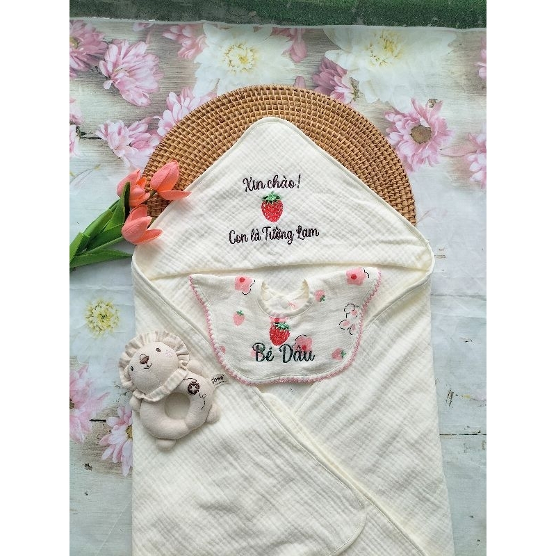 Choàng Ủ, Ủ choàng xô Muslin 6 lớp thêu tên bé và icon theo yêu cầu