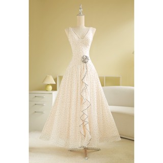 SÒ VINTAGE - ZIANA đầm maxi chấm bi dáng dài phối bèo hoa