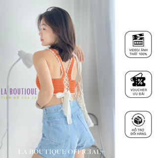 Áo len Crochet croptop 2 dây bản toLa Boutique hở lưng cột dây đan/móc thủ công 100%-A025