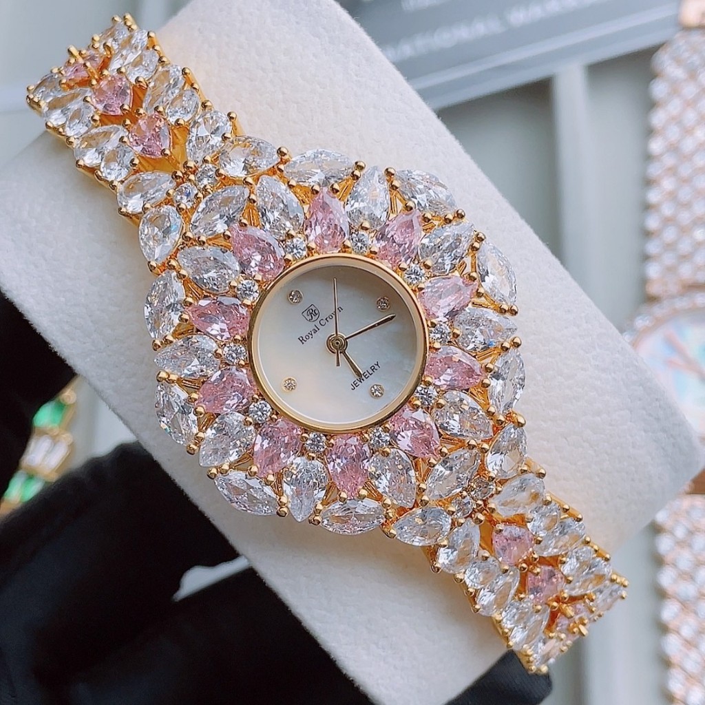 Đồng Hồ Nữ Royal Crown 2035 Quartz Đính Đá 34mm Pink White Gold Chính Hãng Tặng Kèm Kính Mát