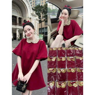 Đầm váy nữ diện TẾT,noel,di tiec đầm baby doll màu đỏ tay bồng cổ sen peter kim tuyến chất tuyết mưa cao cấpbầu bon chen
