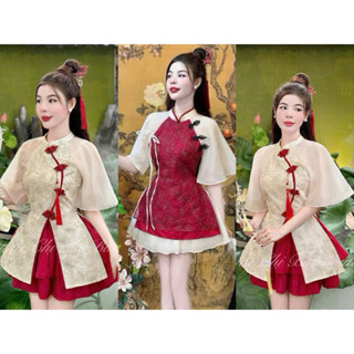 Set váy nữ thiết kế đi chơi tết,Xuân áo gấm tơ cổ tàu nút mây tay loe peplum xẻ tà+dây tua rua phối chân váy tầng