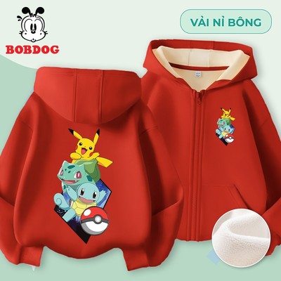 Áo khoác mùa đông cho bé trai BOBDOG hoodie zip cho bé chất liệu nỉ bông dày dặn in hình Pokemon