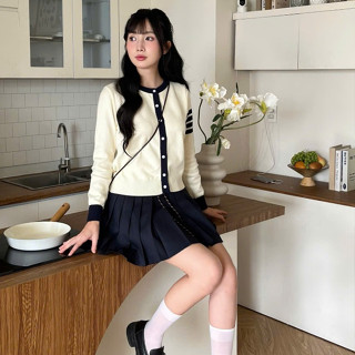 Áo khoác len cardigan lông thỏ mịn phối màu tay kẻ sọc dáng cổ tròn form vừa kiểu dáng basic hàn quốc DELIZ