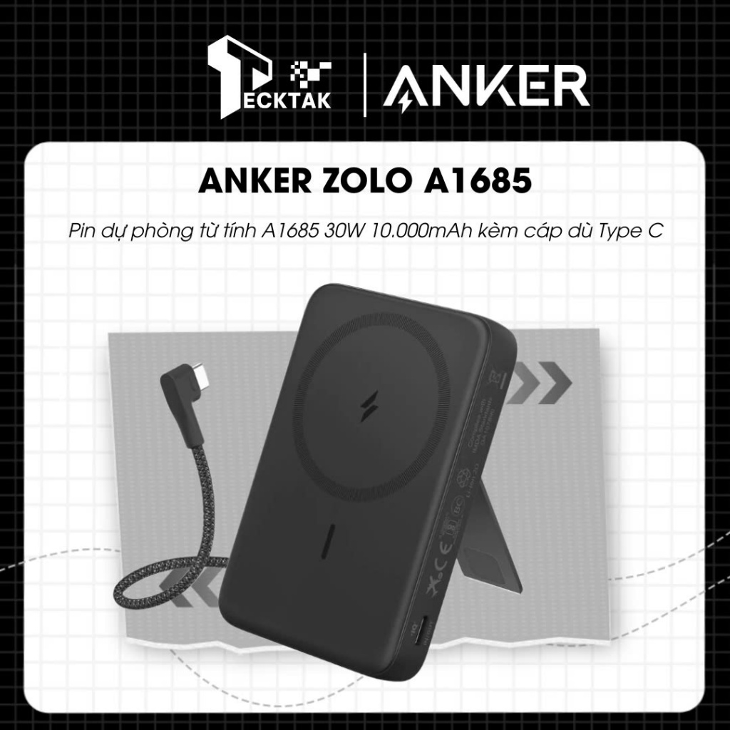 Pin dự phòng từ tính Anker Zolo A1685 30W dung lượng 10000mAh tích hợp và chân đế, kèm cáp dù Type C