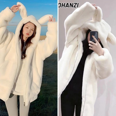 Áo Khoác Lông Thỏ Có Mũ Phối Tai Siêu Cute ❤ ấm áp mềm mịn Áo khoác lông họa tiết chìm