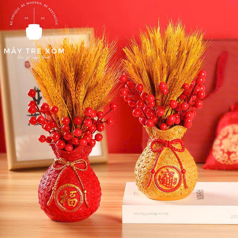 Bình Hoa Lúa Mạch Thần Tài Hình Túi Tiền, Sét Bình Hoa Lúa Mạch Trang Trí Decor