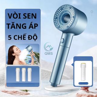 Bộ vòi sen tăng áp QMS, Tay sen vòng tròn 5 chế độ nước nhựa PP có lõi lọc nước kháng khuẩn TS082