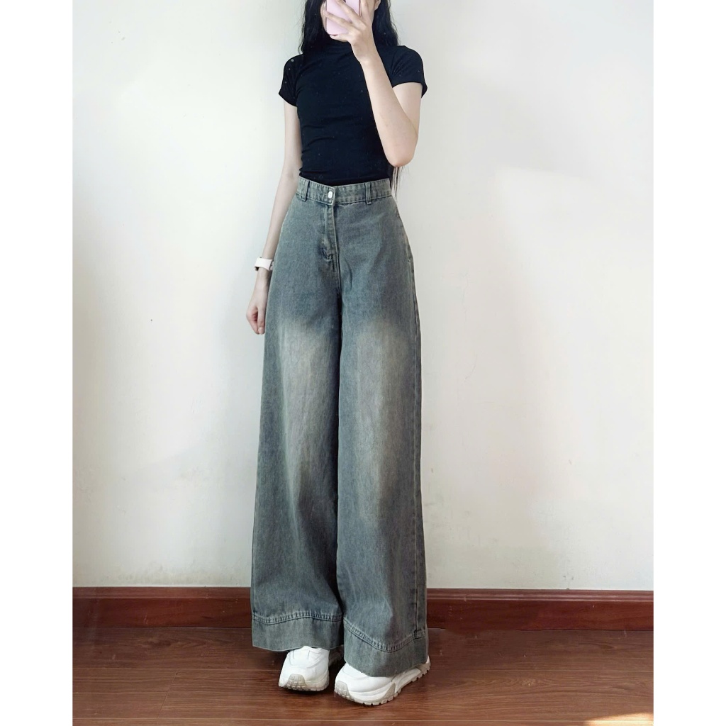 Quần jeans nữ ống suông ống rộng 247store lưng cao tôn dáng màu xanh retro đi học đi làm đi chơi Back to School | BigBuy360 - bigbuy360.vn