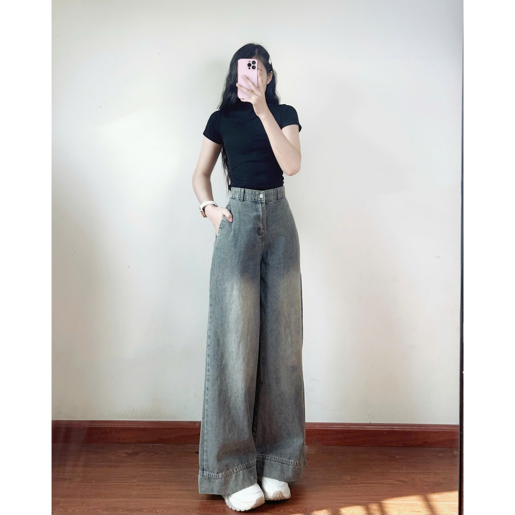 Quần jeans nữ ống suông ống rộng 247store lưng cao tôn dáng màu xanh retro đi học đi làm đi chơi Back to School | BigBuy360 - bigbuy360.vn