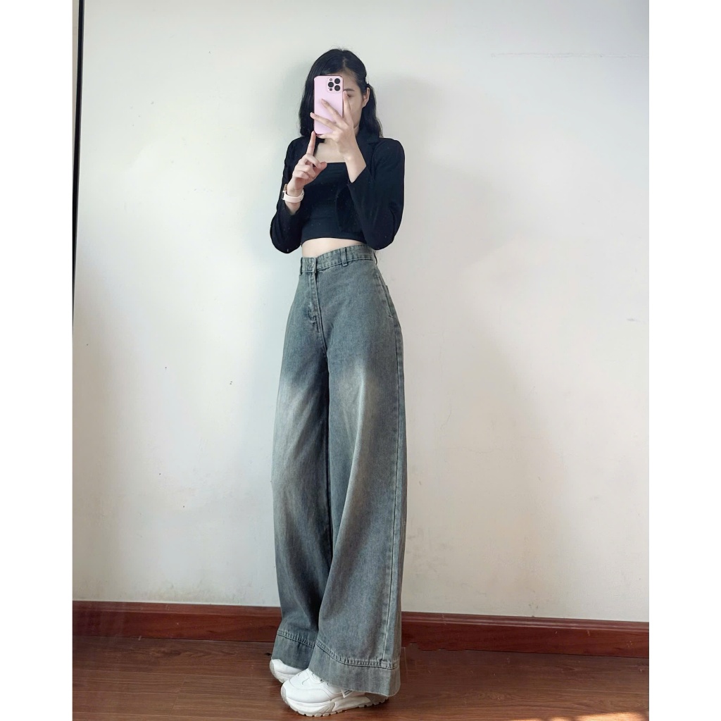 Quần jeans nữ ống suông ống rộng 247store lưng cao tôn dáng màu xanh retro đi học đi làm đi chơi Back to School | BigBuy360 - bigbuy360.vn