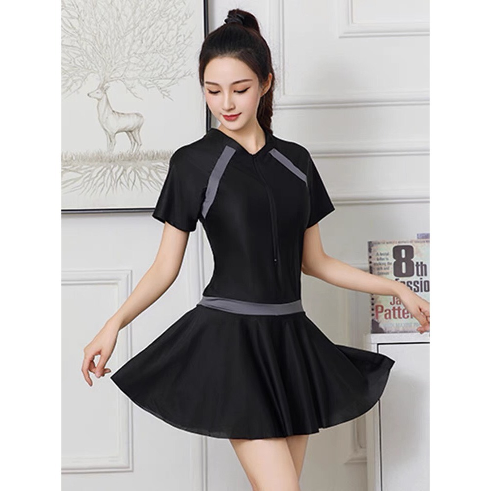 Bộ bikini 1 mảnh liền thân dáng váy đi biển đồ bơi kiểu Hàn kín đáo màu đen khóa zíp kéo trước đai p