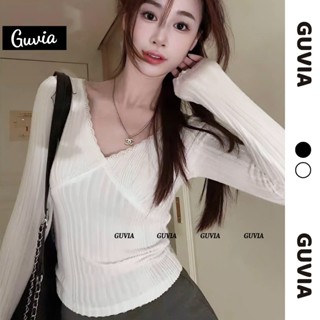 Áo Len Gân HÀN nữ GUVIA Tay Dài cổ chữ V viền ren Ôm Body, Áo Thun Nữ Len Tăm Hàn Phối Ren ADD88