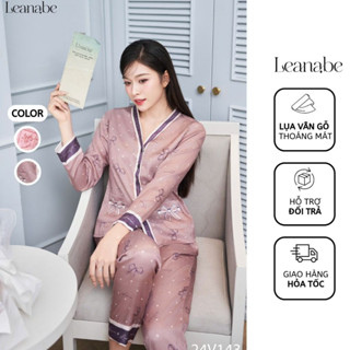 Bộ Ngủ Pyjama Nữ Lụa Vân Gỗ Cao Cấp Áo Tay Dài Quần Dài, Bộ Mặc Nhà Nữ Thu Đông Lụa Dài Tay Leanabe Homewear 24V14