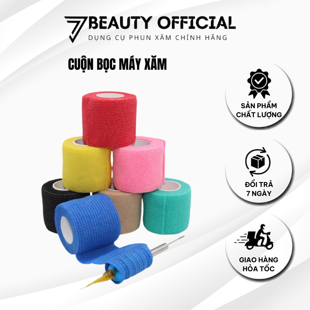 COMBO 5 Cuộn Bọc Máy Xăm Băng quấn cao su non chống trơn trượt, bảo vệ tay cầm 7BEAUTY Dụng cụ phun xăm