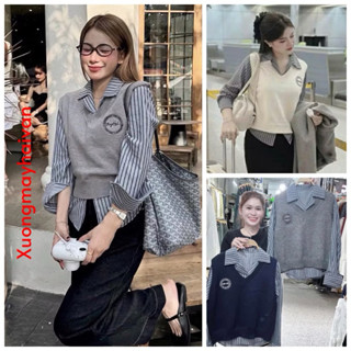 HV - Set áo len gile kèm sơ mi kẻ cổ vest hàng quảng châu