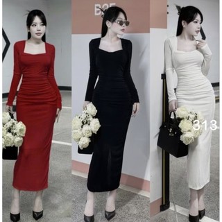  🛒 Đầm Tay Dài Cổ Vuông - Dài Midi Nhún Hai Bên Eo Ôm Body Sexy Basic Đơn Giản Tiểu Thư Bánh Bèo Sang Chảnh 