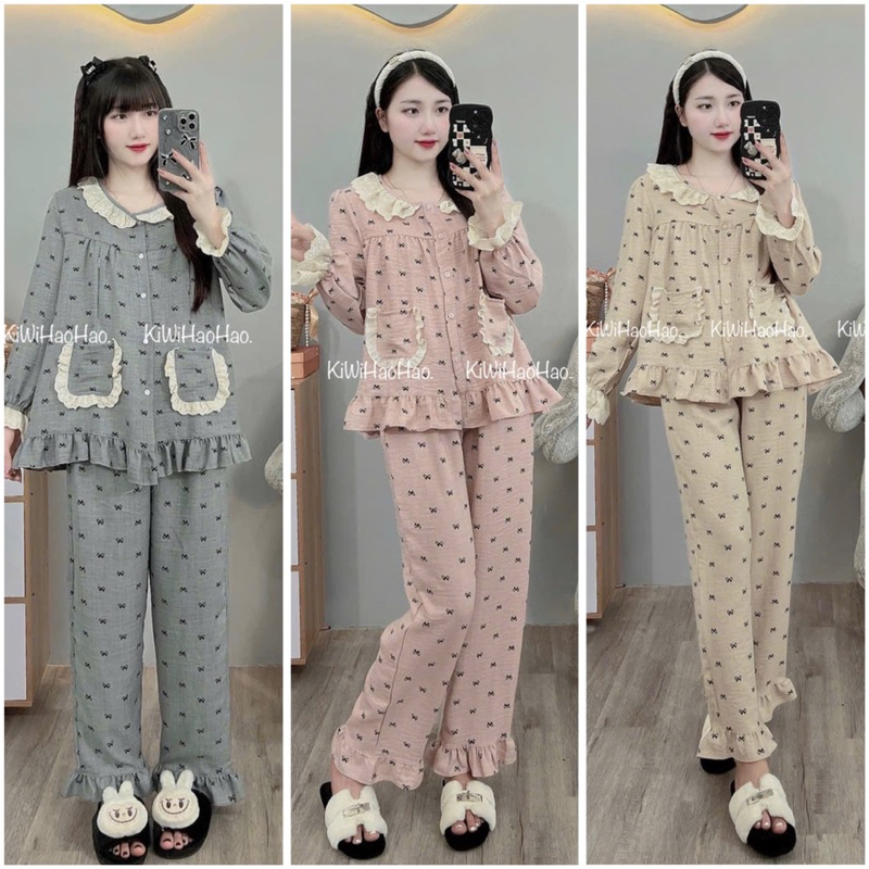 Bộ bầu - bộ sau sinh - BỘ DÀI ĐŨI VÂN MÂY HỌA TIẾT CỔ BÈO  HAI TÚI MỚI - 9 Màu,Áo Có Khóa Kéo & Quần Có Chun Chỉnh