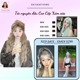 (Tặng phụ kiện chăm sóc) Tóc giả nguyên Cao cấp màu Xám sữa Xoăn, Thẳng - Tóc giả nguyên đầu mái thưa, tóc rẽ ngoi