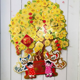 Decal dán chậu cây mai vàng,đào hồng khoe sắc  trang trí Tết