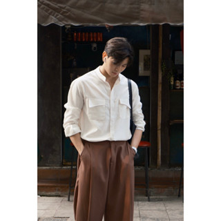 Áo sơ mi dài tay cổ trụ, hai túi chất Linen Robus Theo Shirt
