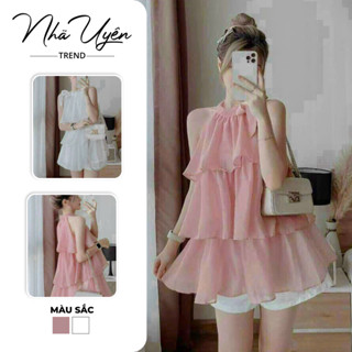 Set bộ đồ nữ đi chơi,set áo yếm tầng bèo mix quần short ngắn bánh bèo xinh xắn 2 màu thanh lịch