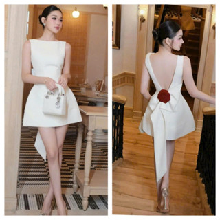 Rose - Đầm tafta hở hưng khoét V tặng kèm hoa cài dáng mini ngắn tôn dáng không sẵn mút đi tiệc