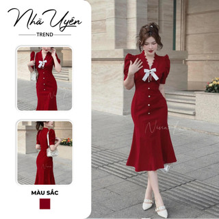 Đầm váy dài - đầm NHUNG ĐỎ đuôi cá tag nơ trắng đính nút tay phồng sang chảnh,xinh xắn cho nàng đi tiệc,chơi TẾT