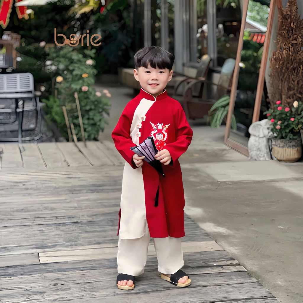 Bộ áo dài bé rồng cho bé trai Borie chất liệu nhung siêu mướt lên form cực đẹp hình in bé rồng sắc nét A012