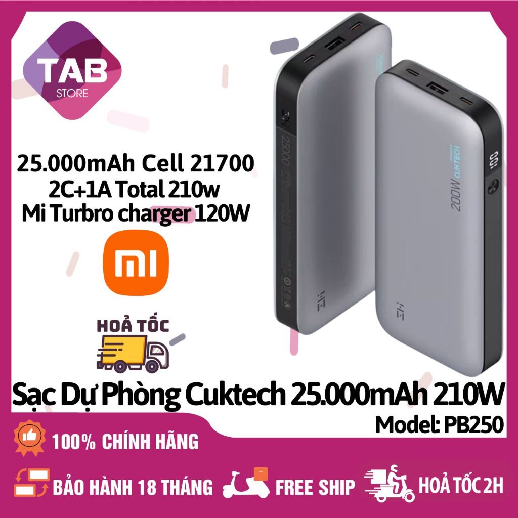 Sạc Dự Phòng Cuktech PB250 25000mAh 210w 2C1A PD 3.1 PPS5A QC Mi Turbro Charger 120W - Bảo Hành 18 T