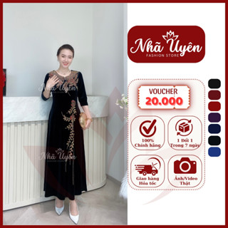 Đầm Trung Niên Dáng Dài M746 NHÃ UYÊN FASHION Vải Nhung Ép Đá Từ 50-75kg Sang Trọng, Quý Phái đi tiệc tặng Mẹ Đi Chơi