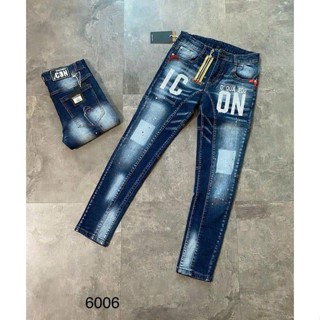 Quần jean nam xanh DSQ phối khoá kéo lệch vàng hoạ tiết I.CON cao cấp